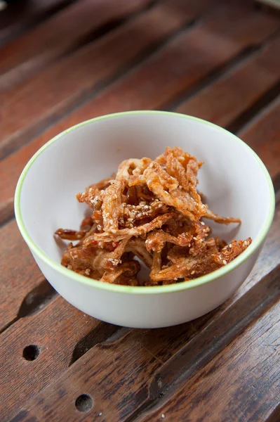 Stock image Thai food : mushroom fry with sesame in white round bowl on wood background pattern