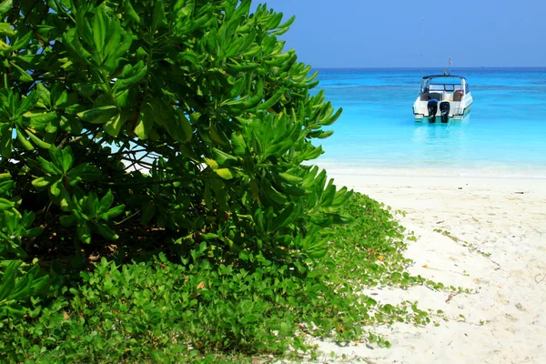 Bateau et mer avec sable blanc et ciel bleu : Phukhet — Photo