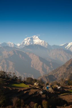 güzel bir yeşil alan, yerel ev ve Himalaya Dağları manzarası gördüğün zaman sırasında poonhill tepe yürüyüş yolu, nepal