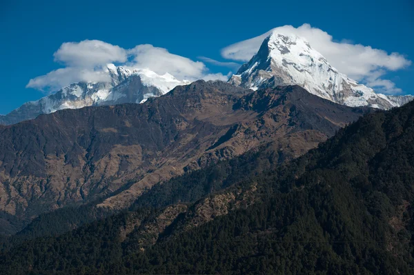 Bela vista das montanhas do Himalaia com neve de manhã quando ver a partir de Ghorepani Village, Poon Hill Trekking maneira, Nepal — Fotografia de Stock