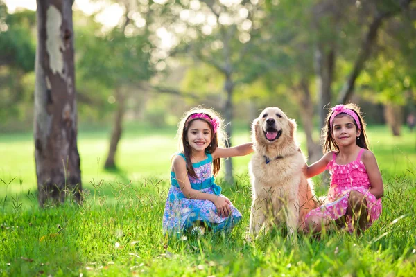 美丽小女孩和金毛猎犬 — 图库照片