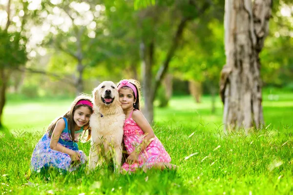 Две молодые девушки обнимают золотистую собаку-ретривера — стоковое фото