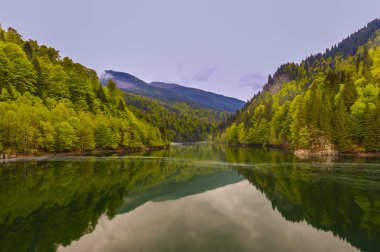 ilkbaharda dağ gölü ile peyzaj