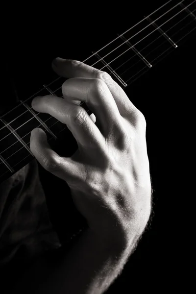 Dominant seventh chord (A7) on electric guitar; toned monochrome image — Stock Photo, Image