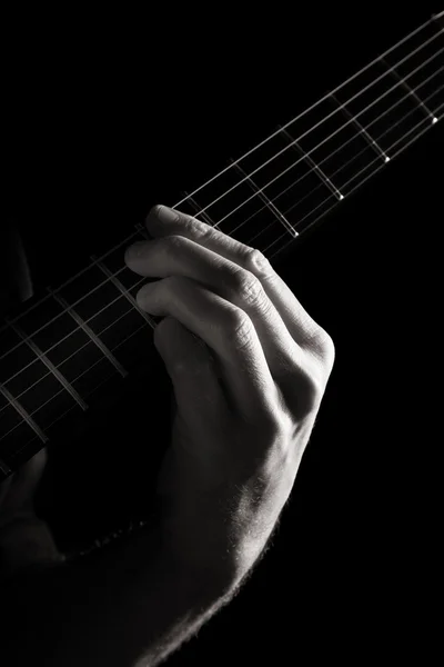 Minor ninth chord (E7b9) on electric guitar; toned monochrome image; — Stock Photo, Image