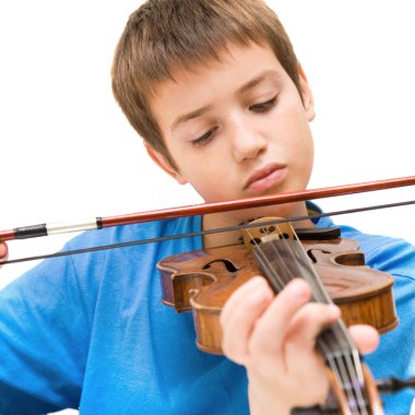 Caucasian boy learning to play violin, isolated on white background, square crop clipart