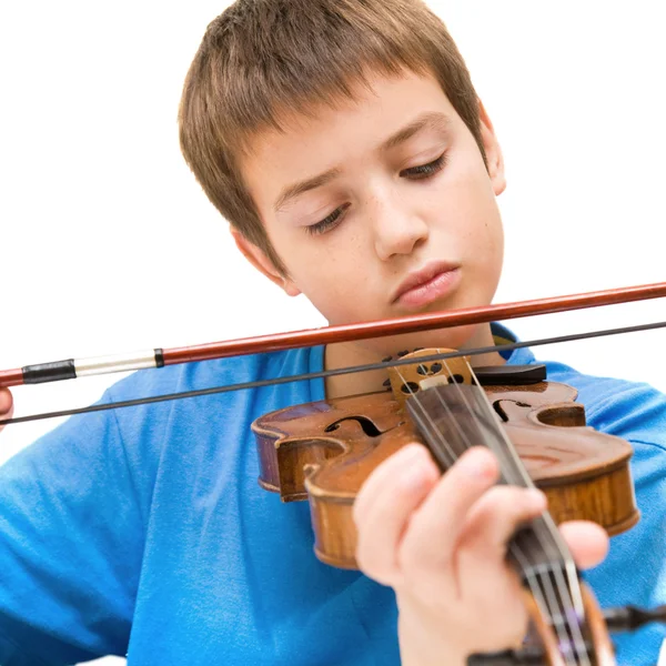 Caucasian boy learning to play violin, isolated on white background, square crop — Stock Photo, Image