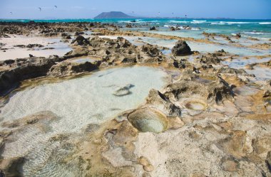 Fuerteventura, corralejo bayrak beach, keskin volcanc kayalar reveale