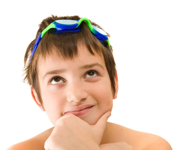 Where would my new goggles take me - small caucasian boy dreaming of his sports career — Stock Photo, Image