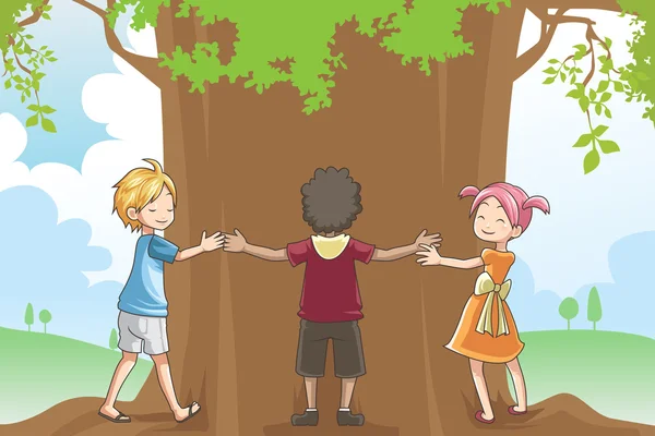 Enfants étreignant arbre — Image vectorielle