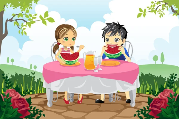 Kinderen eten watermeloen in een park — Stockvector
