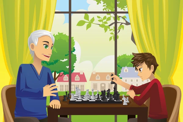 Avô e neto jogando xadrez —  Vetores de Stock