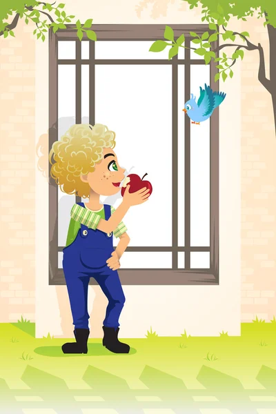 Garçon manger des pommes — Image vectorielle