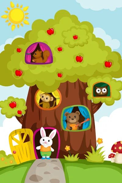 Animaux dans une cabane à arbres — Image vectorielle