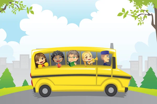 Niños en autobús escolar — Vector de stock