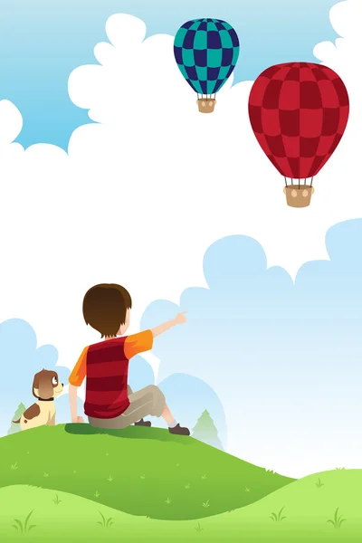 Мальчик и собака смотрят воздушные шары — стоковый вектор