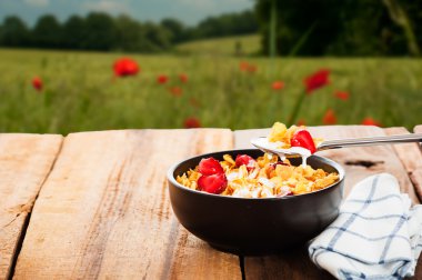 Cereal with milk and strawberries as outdoor shot clipart