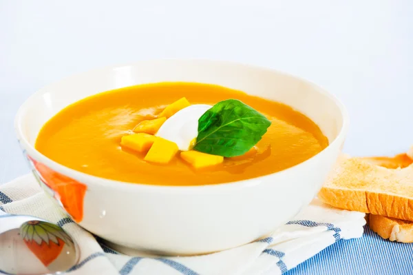 stock image Pumpkin soup with cream in a bowl with painted flower and toast