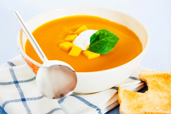 stock image Pumpkin soup with cream in a bowl with painted flower and toast