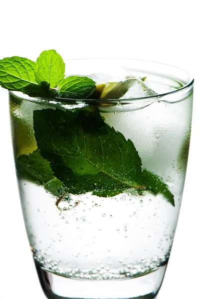 Nahaufnahme von Sodawasser mit Limetten und Minze auf weißem Hintergrund — Stockfoto