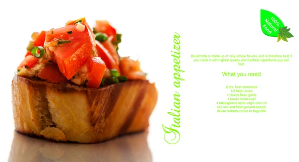 Closeup of Bruschetta and how to do as text on White background — Stock Photo, Image