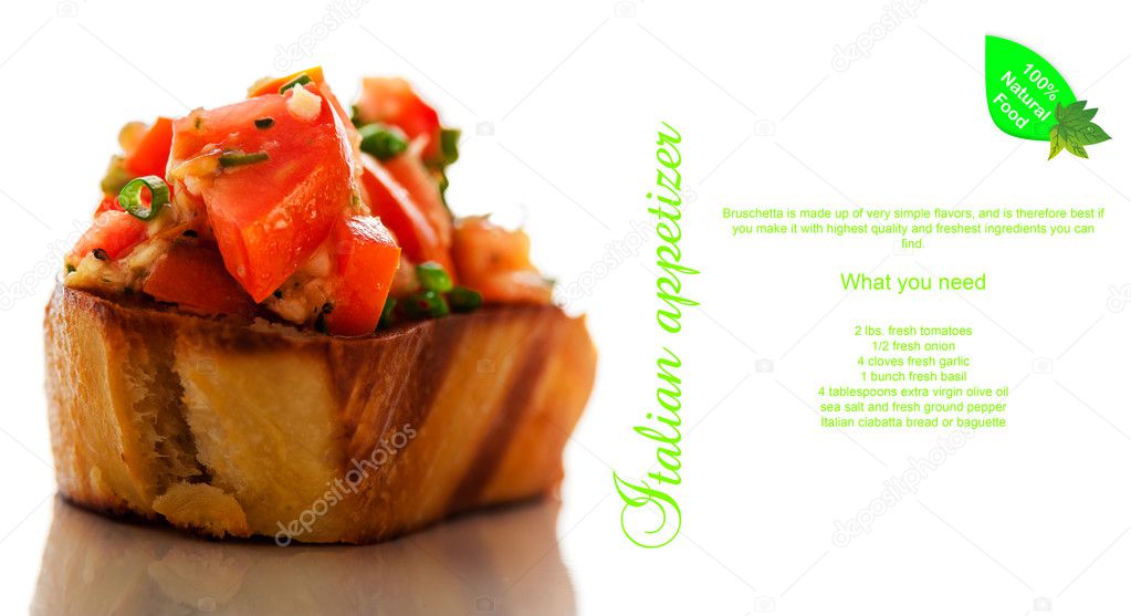 Closeup of Bruschetta and how to do as text on White background