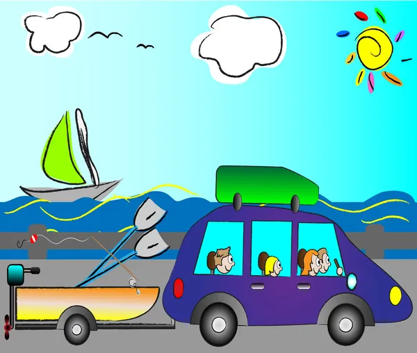 मजेदार कार द्वारा छुट्टी पर यात्रा करने वाले खुश परिवार — स्टॉक वेक्टर