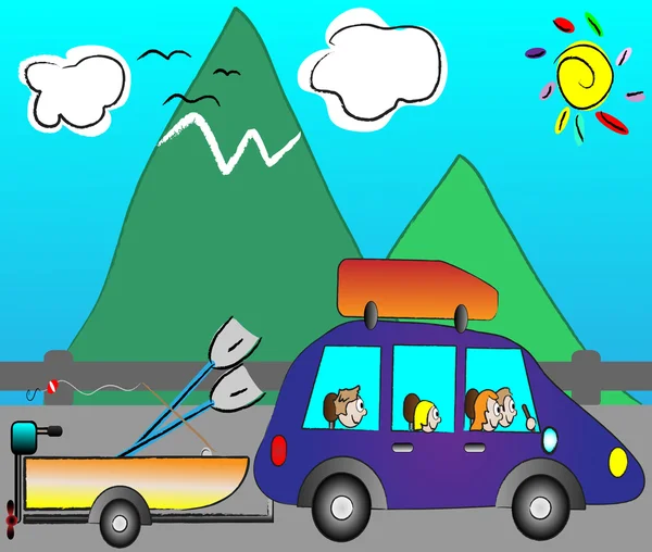 Счастливая семья, путешествующая в отпуск на веселой машине — стоковый вектор