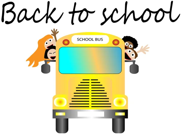 Skolbuss med glada barn tillbaka till skolan vektor illustration — Stock vektor