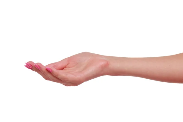 Main de femme avec belle manucure rose sur fond blanc — Photo