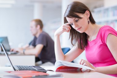 In the library - pretty female student with laptop and books clipart