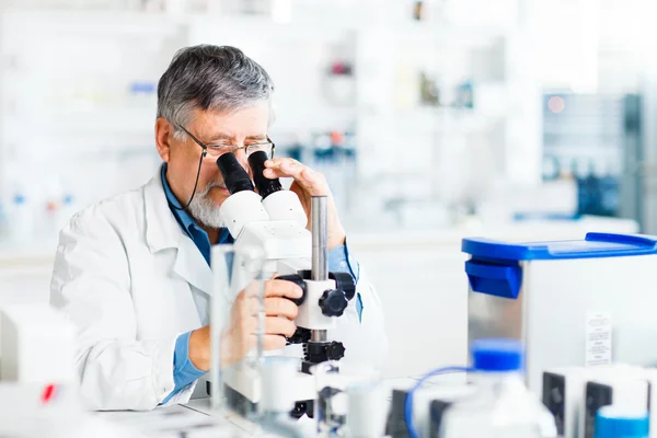 Ricercatore anziano di sesso maschile che effettua ricerche scientifiche in laboratorio — Foto Stock