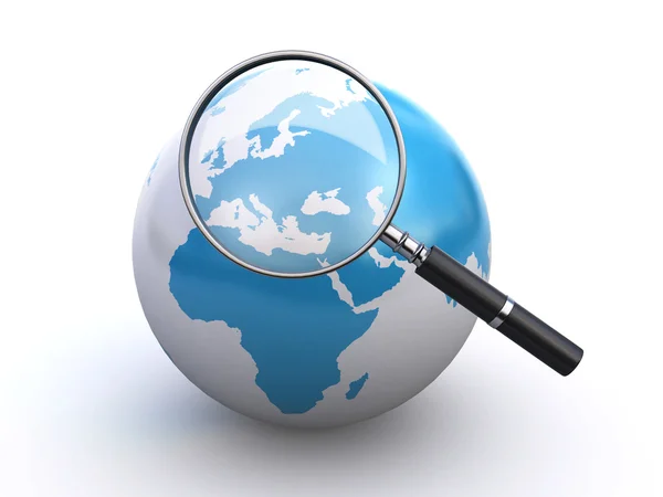 World globe and a magnifying glass — Stock Photo, Image