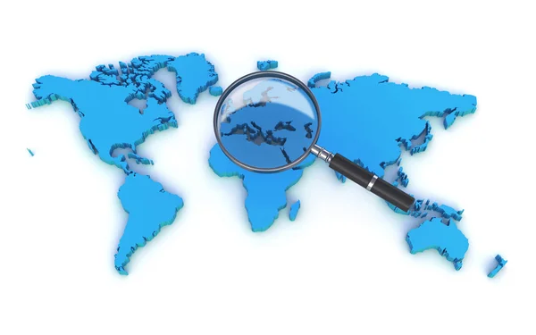 World map and a magnifying glass — Stock Photo, Image