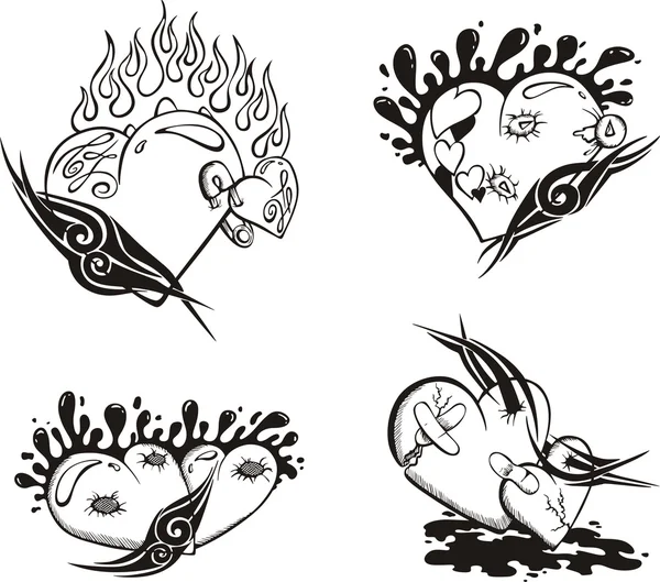 Stiliserade tatueringar med hjärtan — Stock vektor