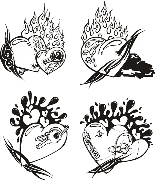Стилизованные татуировки с сердцами — стоковый вектор