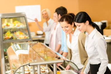 Cafeteria lunch two office woman choose food clipart