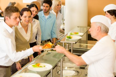 Office colleagues in canteen cook serve meals clipart