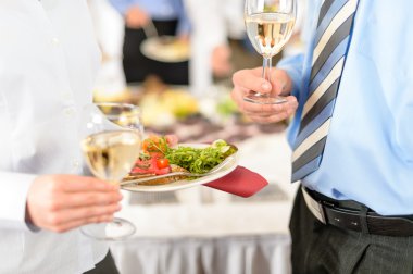 Business refreshments close-up appetizer plate and wine clipart