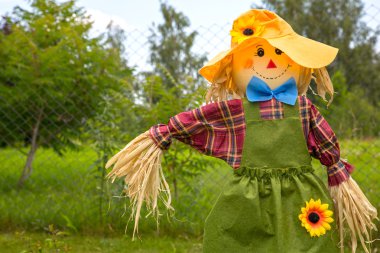 Colorful scarecrow is dressed in clothes clipart