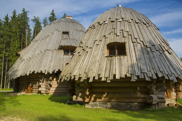 Dwa ciekawe architektura domy maded z drewna — Zdjęcie stockowe