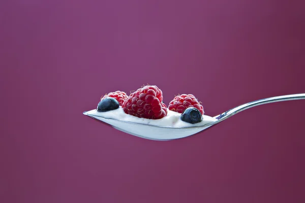 几个蓝莓和树莓在奶油 — 图库照片