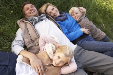 Young family lying together on grass clipart