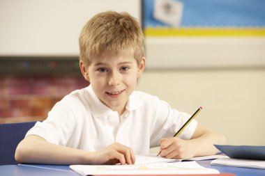 Schoolboy Studying In Classroom clipart