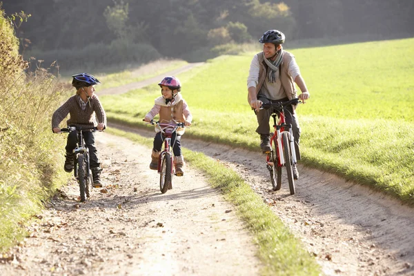 Молодой отец с детьми катается на велосипедах в парке — стоковое фото