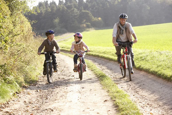 Jonge vader met kinderen rijden fietsen in park — Stockfoto