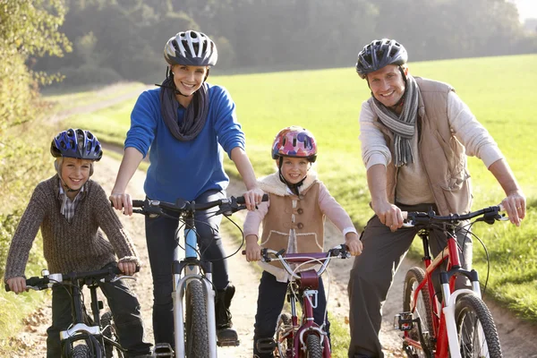 Молодая семья позирует с велосипедами в парке — стоковое фото