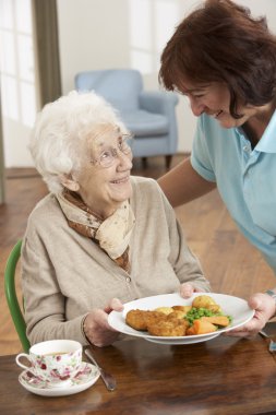 Senior Woman Being Served Meal By Carer clipart