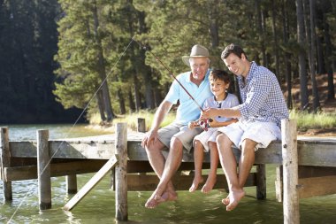 Father,son and grandson fishing together clipart