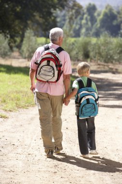 Senior man and grandson on country walk clipart